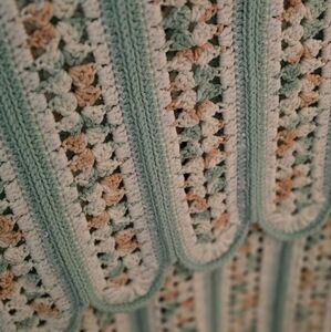 Crochet Blanket 80in X50in Mint Peach Cream Scalloped Stripes